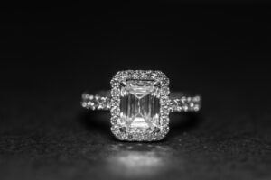 Sparkling Emerald cut halo engagement rings in Dallas