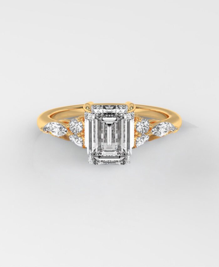 Emerald Cut Engagement Ring with Round & Marquise Side Stones