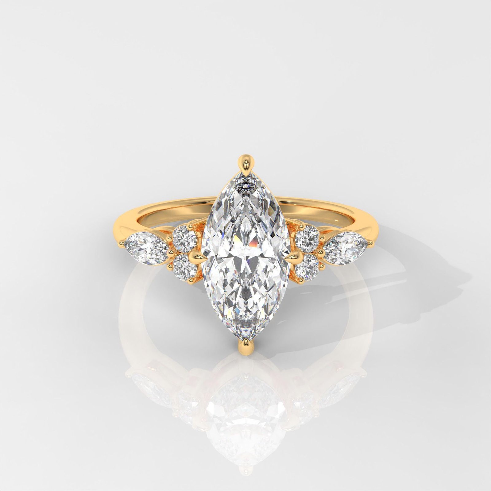 Marquise Cut Engagement Ring with Round & Pear Side Stones