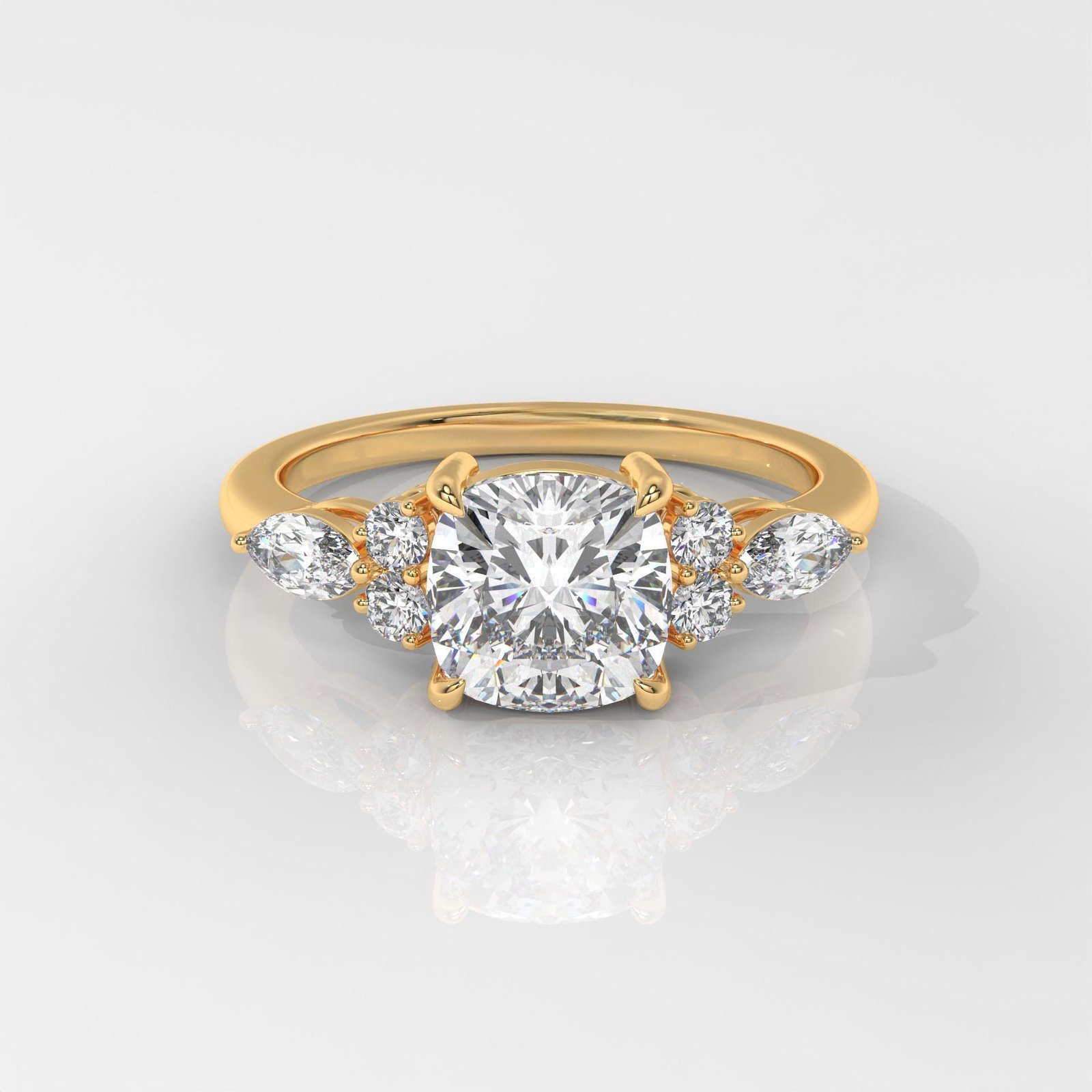 Square Cushion Engagement Ring with Marquise & Round Side Stones