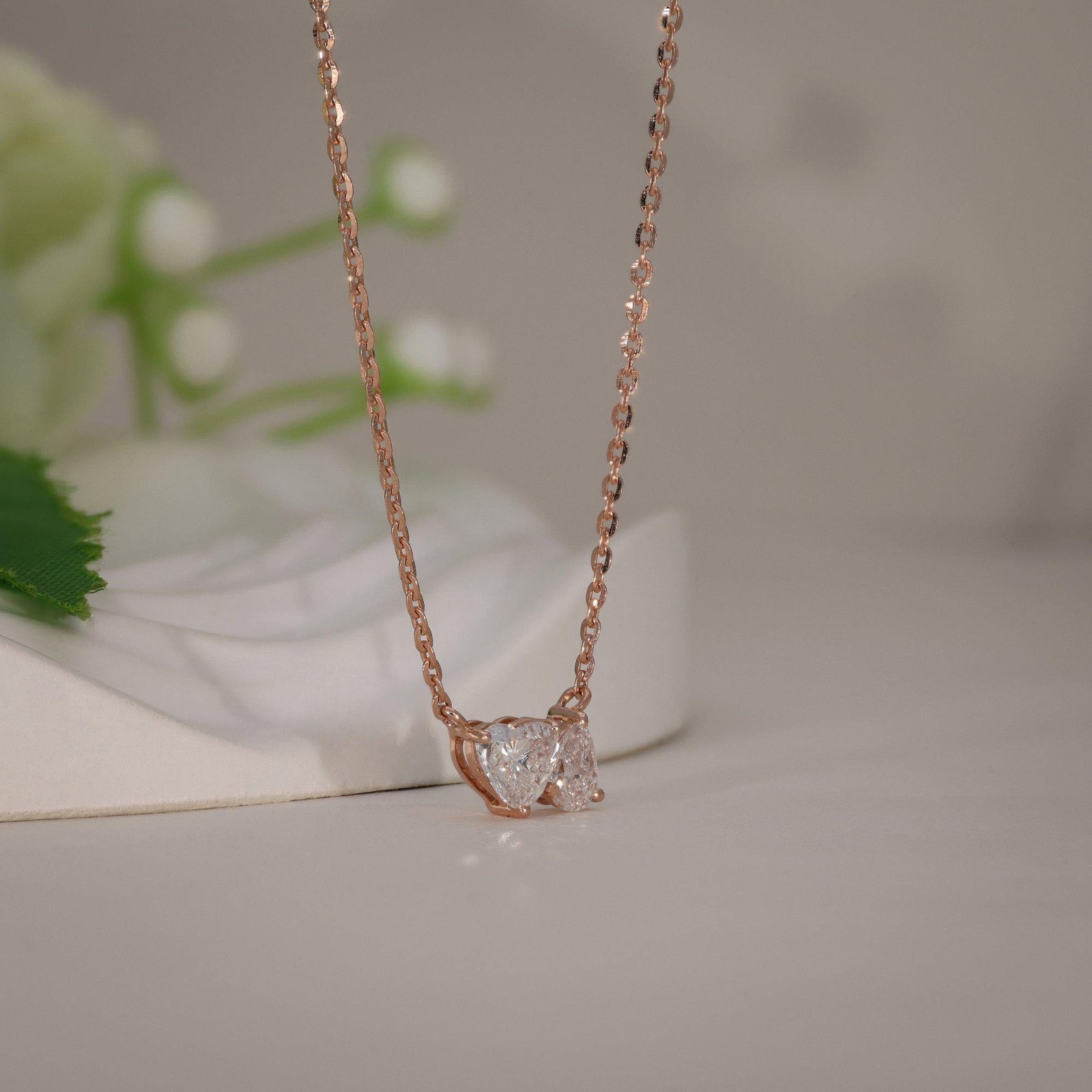 Heart & Pear Cut Rose Gold Toi Et Moi Diamond Necklace